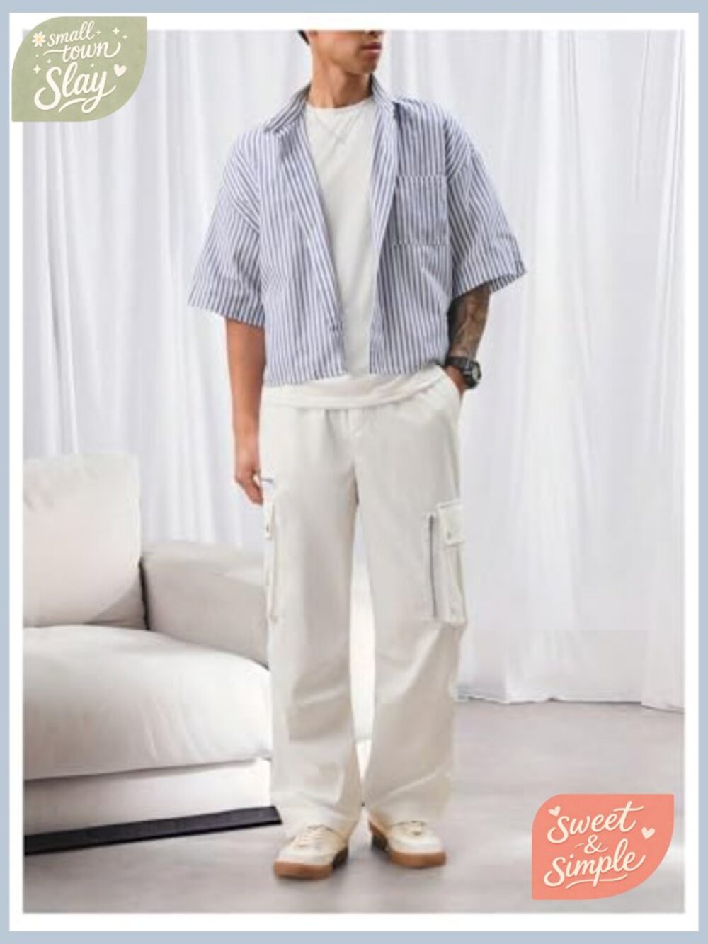 Men's Striped Boxy Cropped Button Down Shirt Short Sleeve Patched Pocket Baggy - Picture 3 of 5